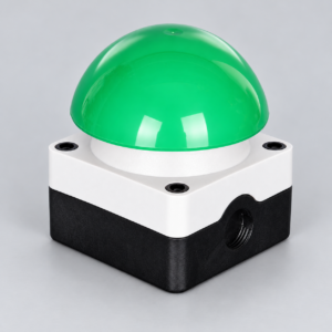 Fotobox-Buzzer Buzzer Pro Grün mit weißer Deckplatte und schwarzem Gehäuse vor hellgrauem Hintergrund