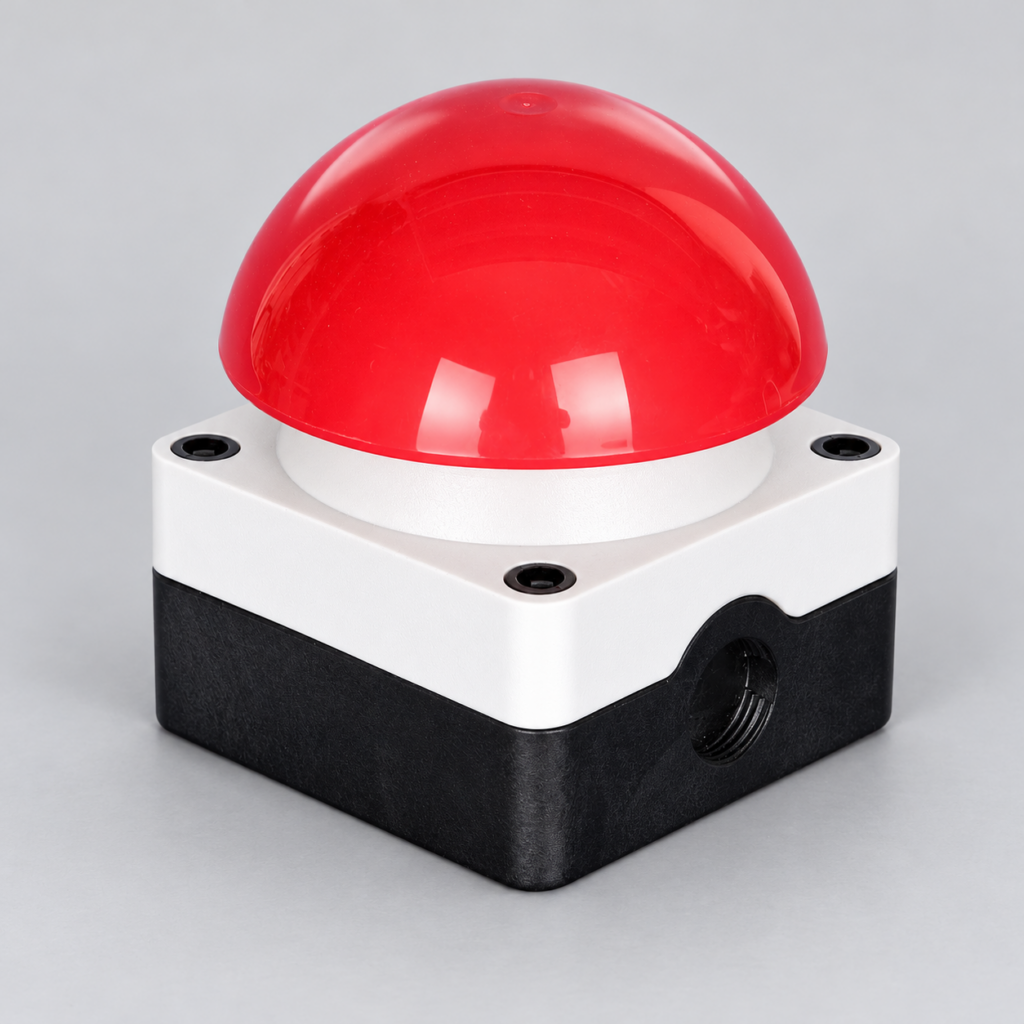 Fotobox-Buzzer Buzzer Pro Rot mit weißer Deckplatte und schwarzem Gehäuse vor hellgrauem Hintergrund