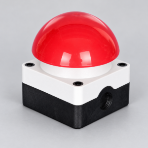 Fotobox-Buzzer Buzzer Pro Rot mit weißer Deckplatte und schwarzem Gehäuse vor hellgrauem Hintergrund